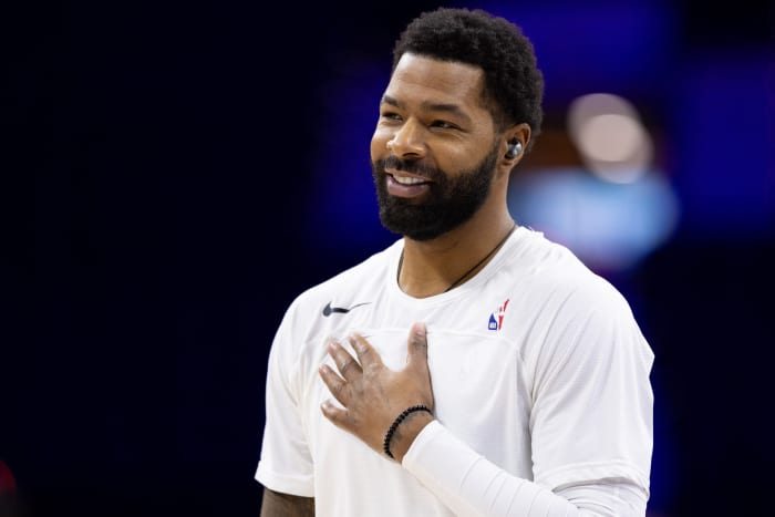 Nov 2, 2023; Philadelphia, Pennsylvania, USA; Philadelphia 76ers forward Marcus Morris Sr. before a game against the Toronto Raptors at Wells Fargo Center. Mandatory Credit: Bill Streicher-USA TODAY Sports